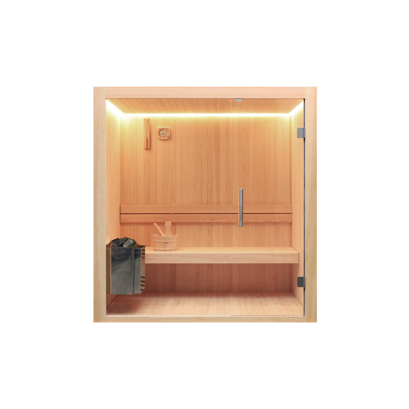 Sauna Pinienholz mit Steinrückwand